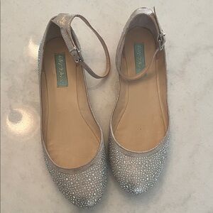 Betsey Johnson, SB Joy Silver Sparkle Flats with Ankle Strap